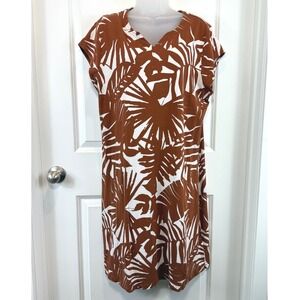 D&Co Beach Women's Palm Leaf Shift Dress L Rust Brown White V-Neck Tropical Boho